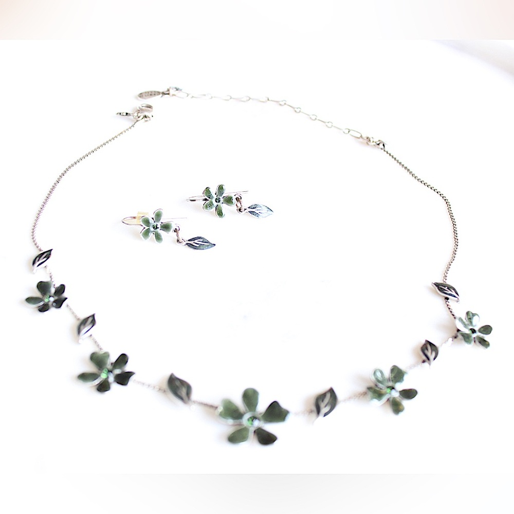 Pilgrim green enamelled flower necklace and earrings set